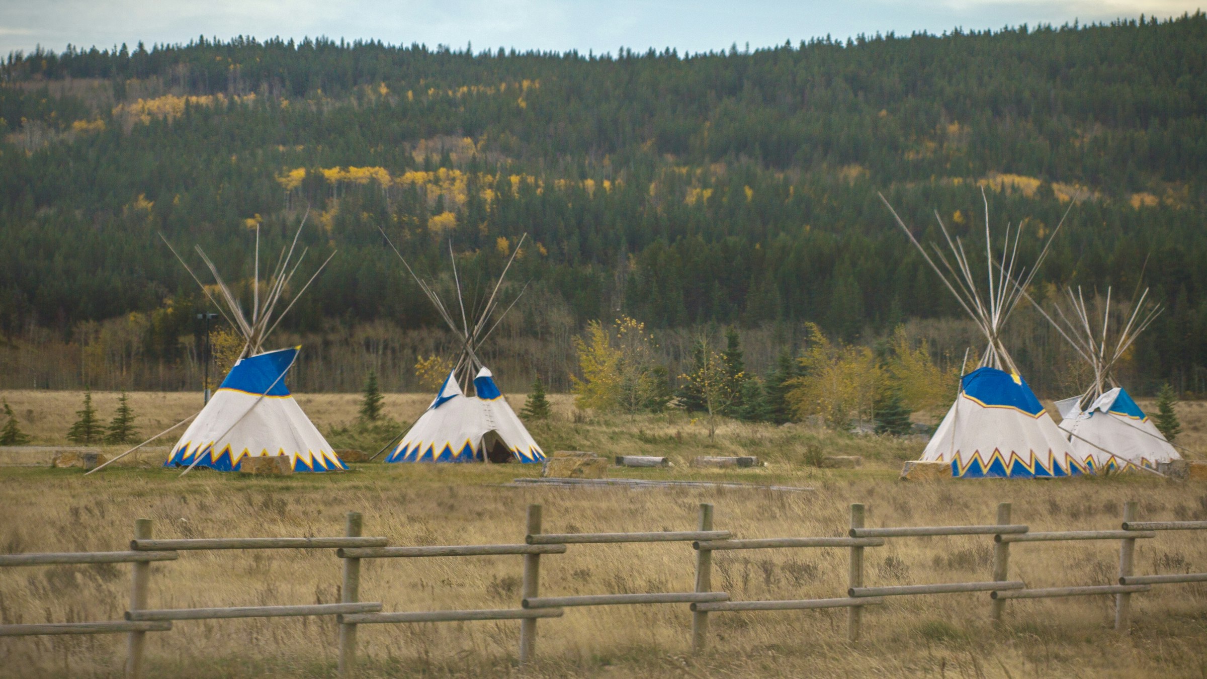 Painted tipis standing in a meadow below forested hills in autumn, a rail fence in front